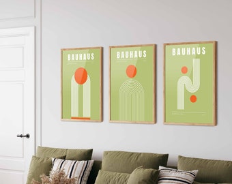 Green Bauhaus Print Set of 3 - Bauhaus Posters, Mid Century Modern Geometric Art