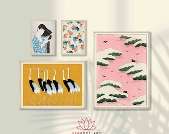 May include: Four framed prints with Japanese-inspired designs. The top left print features a woman in traditional clothing, the top right print features a floral pattern, the bottom left print features a group of cranes, and the bottom right print features a pink background with clouds and birds.