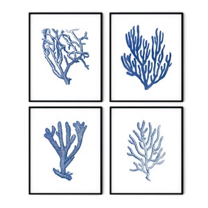 Indigoblauw koraal prints set van 4 nr. 2 - blauwe zee koraal prints, kustdecor, strandhuisje decor, kustkunst, kustafdrukken, nautische kunst