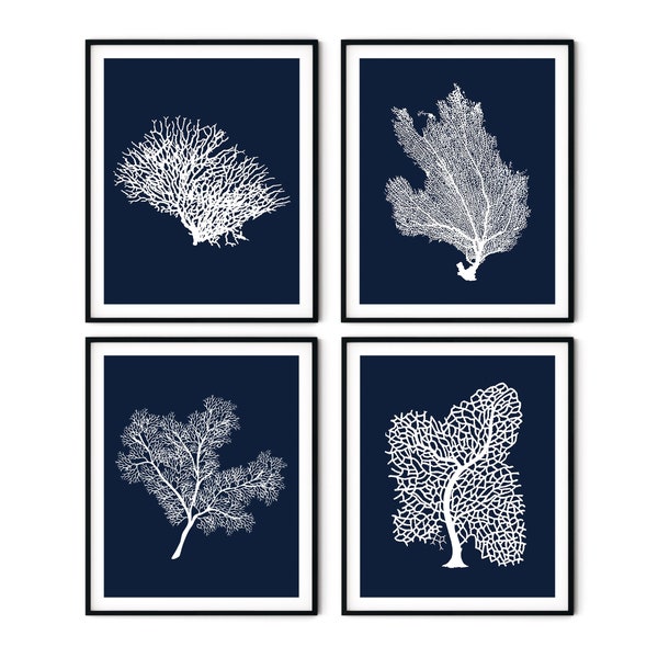 Navy Blue Coral Prints Set of 4 - Navy Blue Sea Coral Prints, Nautical Art, Coastal Decor, Beach Cottage Decor, Coastal Art, Coastal Prints