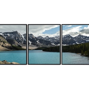 Moraine Lake Canada Mountain Art Print Set di 3 - Set di montagne di 3, Poster paesaggistico, Arredamento nordico, Arte murale scandinava, Arredamento lago