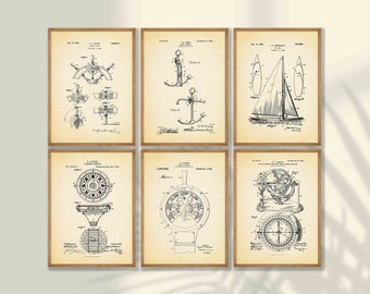 Sailing Patent Prints Set of 6 - Nautical Wall Art, Sailboat Poster, Sailor Gift, Sailing Wall Decor, Nautical Decor