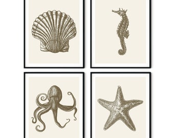 Sepia Nautical Prints Set of 4 - Nautical Art, Coastal Decor, Beach Cottage Decor, Marine Life, Octopus Print, Nautical Decor