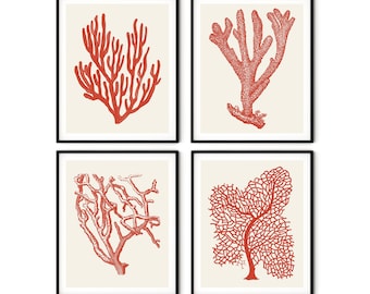 Red Sea Coral Prints Set of 4 - Red Coral Prints, Nautical Art, Beach House Decor, Sea Coral Decor, Coastal Decor, Coastal Art Coastal Print