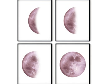 Moon Phase Prints Set of 4 - Moon Wall Art, Moon Poster Set, Lunar Phases Art, La Luna Print, Moon Wall Decor, Bedroom Decor, Girl Nursery