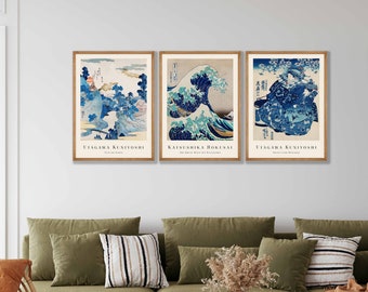 Japanese Prints Set of 3 - Woodblock Art, Japanese Wall Art, Gallery Wall Art, Kanagawa Print, Great Wave Print, Hokusai Prints, Ukiyo-e
