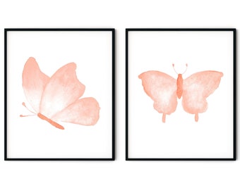 Butterfly Painting Set of 2 - Butterfly Art Print, Pink Butterfly Prints, Butterfly Wall Art, Blush Pink Butterflies, Nursery Wall Art