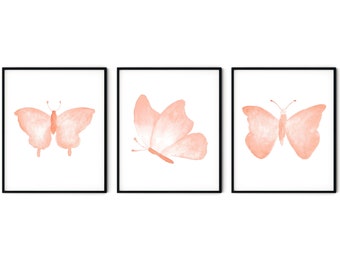 Butterfly Painting Set of 3 - Butterfly Art Print, Pink Butterfly Prints, Butterfly Wall Art, Blush Pink Butterflies, Nursery Wall Art