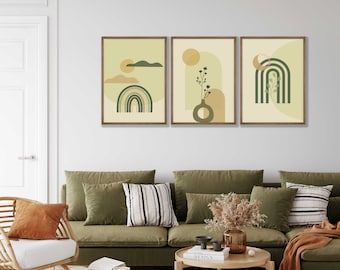 Grün Mid Century Floral Art Prints 3er Set - Boho Wohnkultur
