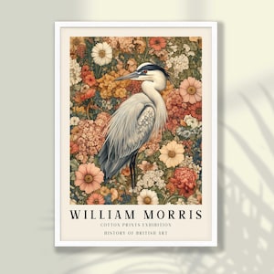 William Morris Heron Print | William Morris Poster, Bird Poster, Heron Wall Art, Mid Century Exhibition Poster - FRAME and CANVAS
