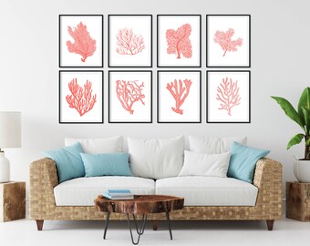 Conjunto de 6 gravuras em tons de coral rosa - Arte de parede para casa de campo litorânea