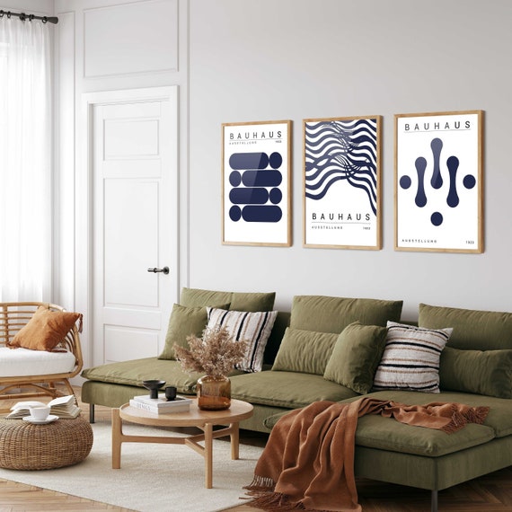 Blue Bauhaus Art Print Set of 3: Mid-Century Modern Home Decor