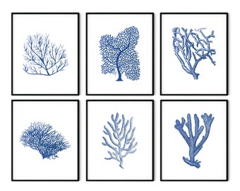 Indigo Blue Coral Prints Set of 6 - Blue Sea Coral Prints, Coastal Decor, Beach Cottage Decor, Coastal Art, Coastal Prints, Nautical Art