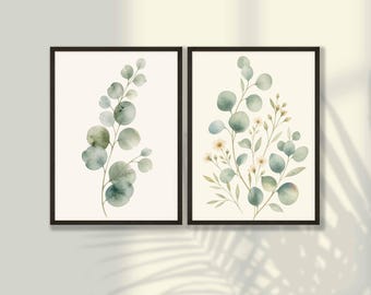 Eucalyptus Wall Art Set of 2 - Sage Green Botanical Prints, Watercolor Leaf and Floral Posters