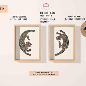 May include: Two framed prints of black and white stylized animal illustrations. The frames are made of natural wood and are 3/4 inch (1.9 cm) wide and 1/2 inch (1.3 cm) thick. The prints are ready to hang with hardware included.