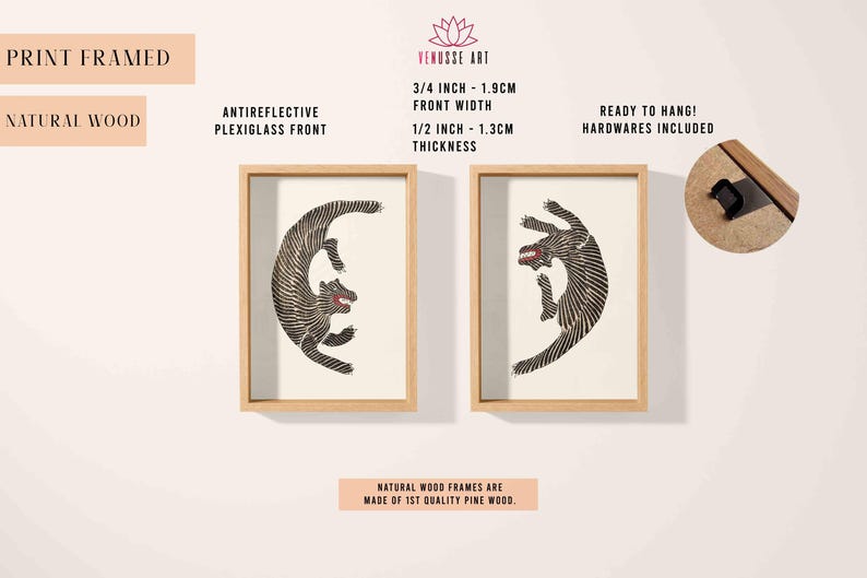 May include: Two framed prints of black and white stylized animal illustrations. The frames are made of natural wood and are 3/4 inch (1.9 cm) wide and 1/2 inch (1.3 cm) thick. The prints are ready to hang with hardware included.