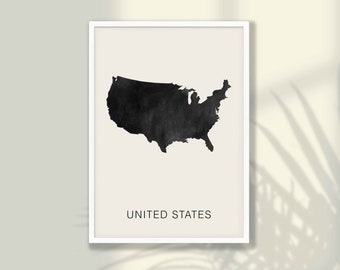 Może przedstawiać: Czarno-biały wydruk mapy Stanów Zjednoczonych z tekstem "UNITED STATES" pod mapą.