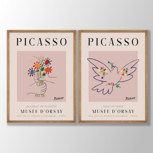 Picasso Linie Kunstdrucke 2er Set - Friedenstaube Druck, Blumenstrauß Druck, Pablo Picasso Ausstellungsplakat, Picasso One Line Skizzen