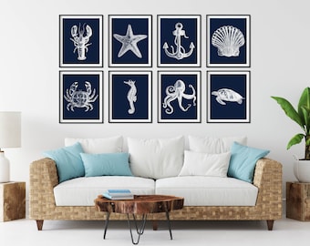 Navy Blue Nautical Art Prints Set of 8 - Marine Life Wall Decor
