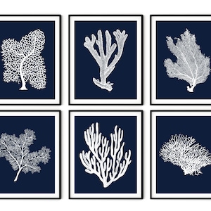 Lot de 6 impressions corail bleu marine - impressions corail bleu marine, art nautique, décoration côtière, décoration chalet de plage, art côtier, estampes côtières