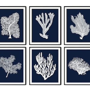 Navy Blue Coral Prints Set of 6 - Navy Blue Sea Coral Prints, Nautical Art, Coastal Decor, Beach Cottage Decor, Coastal Art, Coastal Prints