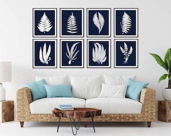 Juego de 8 láminas decorativas botánicas con motivos de helechos azul marino para pared.