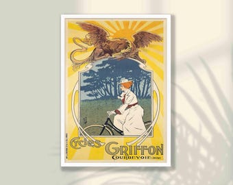 Poster della bicicletta Cycles Griffon: pubblicità vintage in stile Art Nouveau
