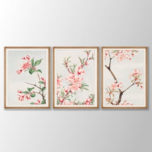 Japanese Flower Prints Set of 3 No:2 - Japanese Flower Poster, Japanese Art, Pink Botanical Print, Kitchen Print, Flower Art,Farmhouse Decor