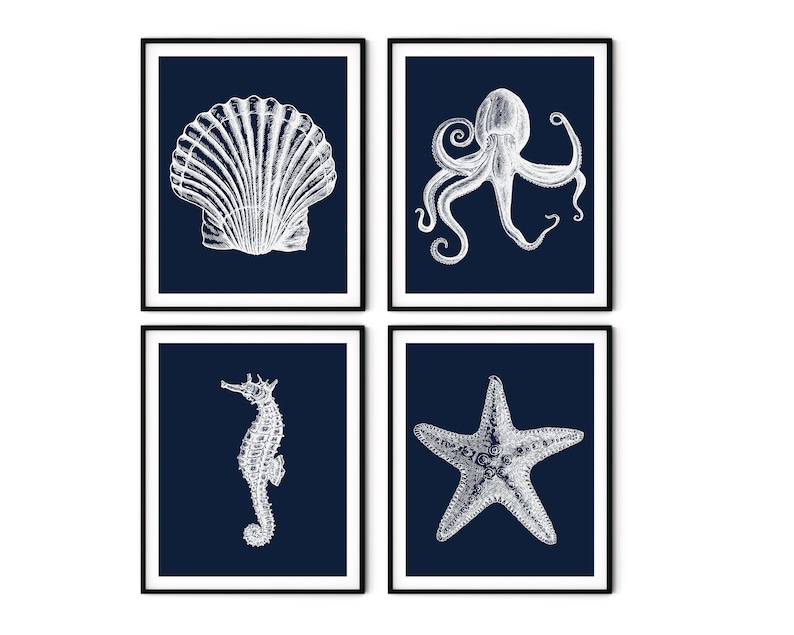 Navy Blue Nautical Prints Set of 4 Nautical Wall Art Etsy