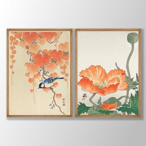 Set di 2 stampe artistiche di uccelli e fiori giapponesi - Poster Ohara Koson, stampa botanica arancione, stampa artistica di uccelli, arredamento da fattoria, arte murale autunnale
