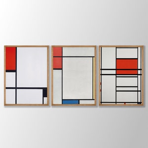 Zestaw 3 wydruków Piet Mondrian - plakat Piet Mondrian, sztuka ścienna Piet Mondrian, sztuka ścienna w galerii, sztuka ścienna abstrakcyjna, wydruki abstrakcyjne, muzeum
