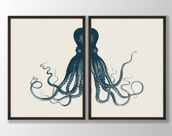 Octopus Art Prints Set: Nautical Coastal Wall Decor