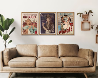 Juego de 3 pósteres Art Nouveau de Alphonse Mucha - Arte mural vintage francés para galerías