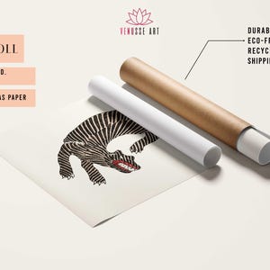 May include: A black and white illustration of a stylized animal with a red mouth, printed on a white canvas roll. The canvas is rolled up and packaged in a brown shipping tube. The text "CANVAS ROLL" is visible at the top of the image. The text "FRAME NOT INCLUDED. SHIPPED IN TUBE. 100% COTTON CANVAS PAPER" is visible below the illustration. The text "DURABLE. ECO-FRIENDLY. RECYCLEABLE SHIPPING TUBE" is visible on the right side of the image.