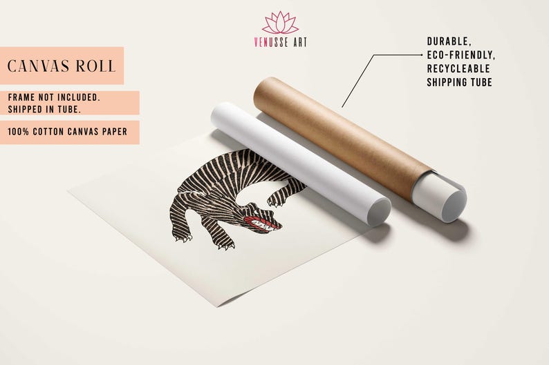 May include: A black and white illustration of a stylized animal with a red mouth, printed on a white canvas roll. The canvas is rolled up and packaged in a brown shipping tube. The text "CANVAS ROLL" is visible at the top of the image. The text "FRAME NOT INCLUDED. SHIPPED IN TUBE. 100% COTTON CANVAS PAPER" is visible below the illustration. The text "DURABLE. ECO-FRIENDLY. RECYCLEABLE SHIPPING TUBE" is visible on the right side of the image.