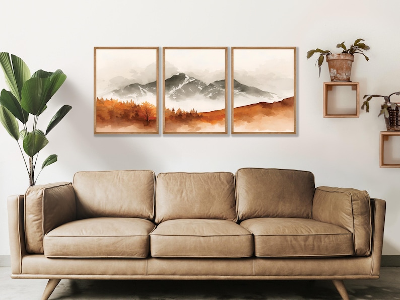 Autumn Mountain Wall Art Set of 3 - Watercolor Landscape Print, Rust ...