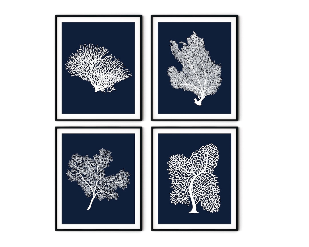 Navy Blue Coral Prints Set of 4 Navy Blue Sea Coral Prints, Nautical