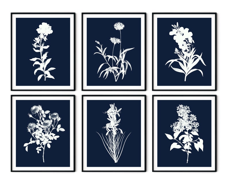 Navy Blue Flower Print Set of 6 Botanical Wall Art Etsy