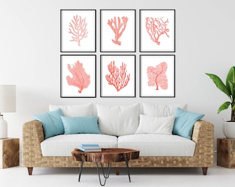 Conjunto de 6 gravuras de corais rosa do mar - Arte para casa de campo costeira