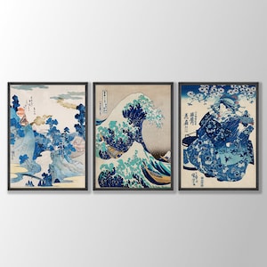 Japanese Prints Set of 3 Woodblock Art, Japanese Wall Art, Gallery Wall Art, Kanagawa Print, Great Wave Print, Hokusai Prints, Ukiyo-e Style 2 - W/o Name