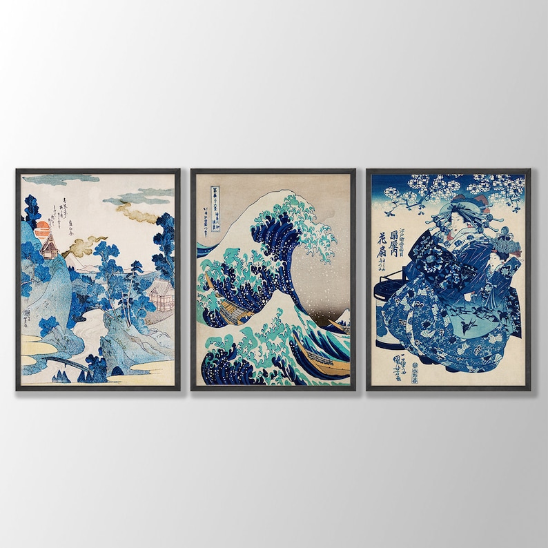 Japanese Prints Set of 3 Woodblock Art, Japanese Wall Art, Gallery Wall Art, Kanagawa Print, Great Wave Print, Hokusai Prints, Ukiyo-e Style 2 - W/o Name