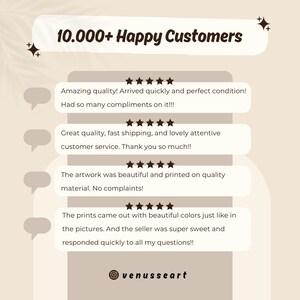 May include: Image of customer reviews for an Etsy shop. The reviews are all positive and mention the quality of the products, the speed of shipping, and the excellent customer service. The shop name is "venusseart".