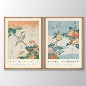 Juego de 2 impresiones de aves japonesas: póster de aves botánicas vintage, arte en madera, arte mural japonés, arte mural de galería, impresiones de Hokusai, arte de museo