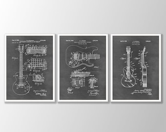 Lot de 3 gravures vintage sur brevet pour guitare - Décoration de salle de musique, oeuvre d'art murale pour studio