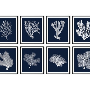 Navy Blue Coral Prints Set of 8 - Navy Blue Sea Coral Prints, Nautical Art, Coastal Decor, Beach Cottage Decor, Coastal Art, Coastal Prints