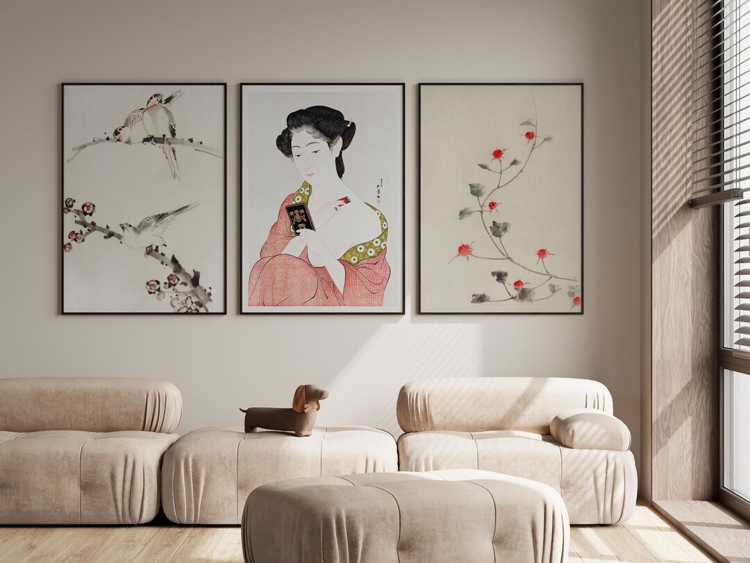Japanese Woman Art Prints Set: Vintage Botanical Bird Decor - Etsy