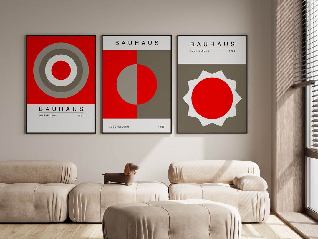 Red Bauhaus Poster Set of 3 - Mid Century Modern Art Print, Bauhaus ...