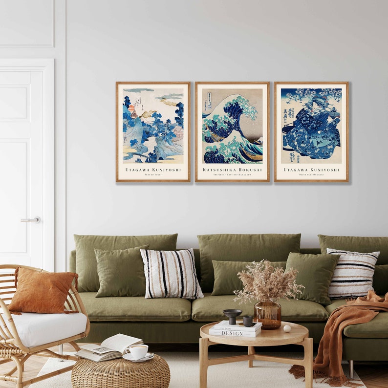 Japanese Prints Set of 3 Woodblock Art, Japanese Wall Art, Gallery Wall Art, Kanagawa Print, Great Wave Print, Hokusai Prints, Ukiyo-e image 4