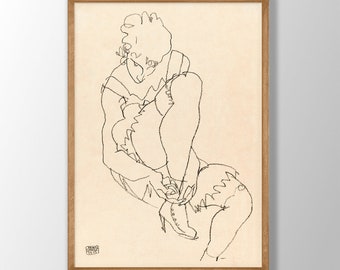 Egon Schiele Print | Woman Buttoning Her Shoes 1915, Schiele Poster, Schiele Wall Art, Housewarming Gift Idea, Museum Exhibition Poster