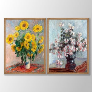 May include: Two framed paintings of floral arrangements. The left painting features a bouquet of yellow sunflowers in a white vase on a red tablecloth. The right painting features a bouquet of white and pink flowers in a dark gray vase on a dark brown table.